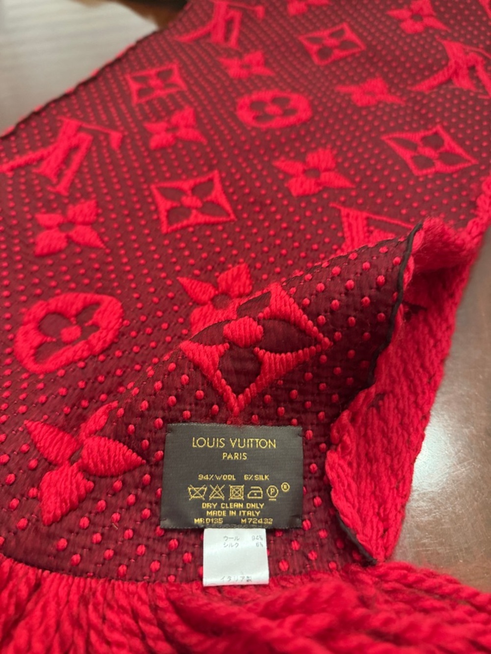 Louis Vuitton Red Monogram Wool-Silk Scarf with Raised Dot Texture